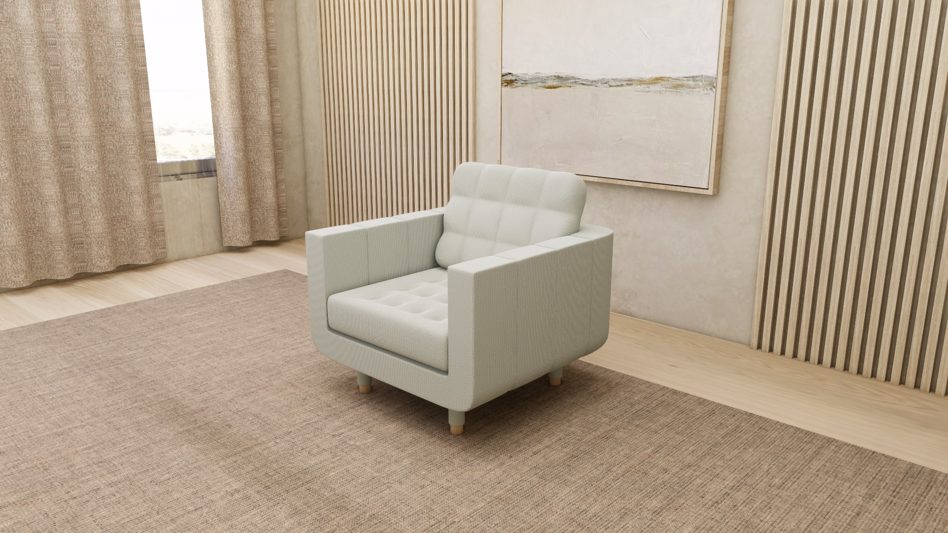 MORABO green armchair SketchUp model, close view of tufted seat and back cushion