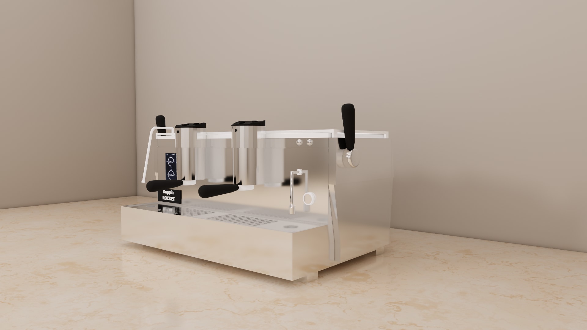 Chrome espresso machine SketchUp model, close view of two group heads, black portafilters, and steam levers