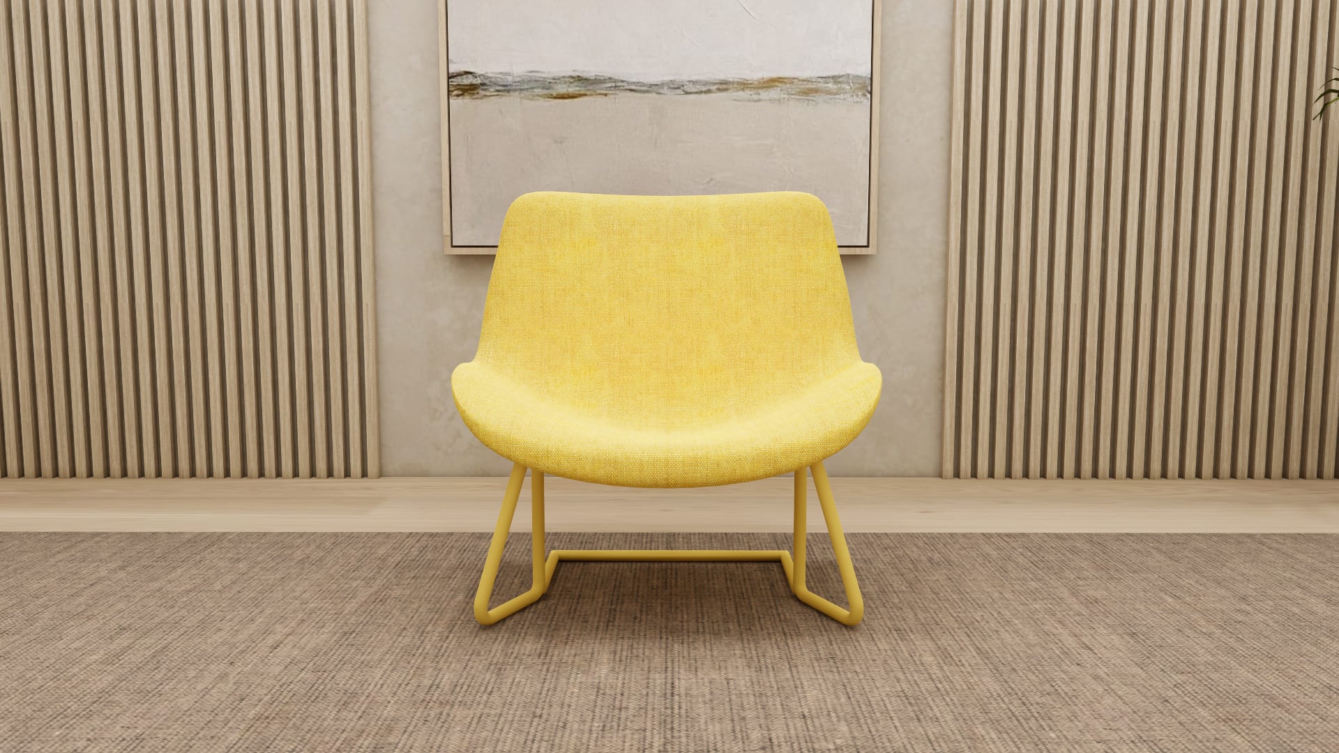 SOTENÄS yellow accent chair 3D model, close view of curved seat and woven yellow fabric