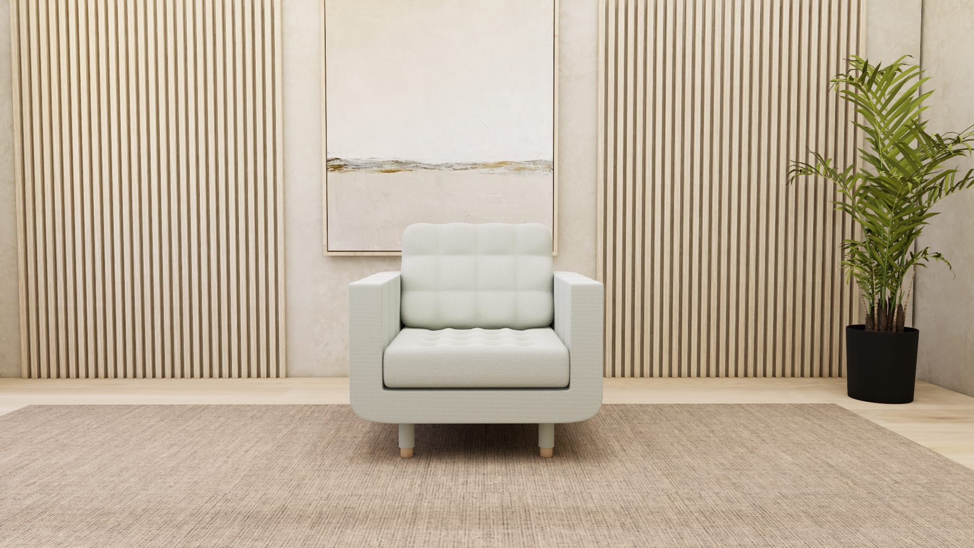 MORABO armchair 3D model, side view of square arm and round wood legs