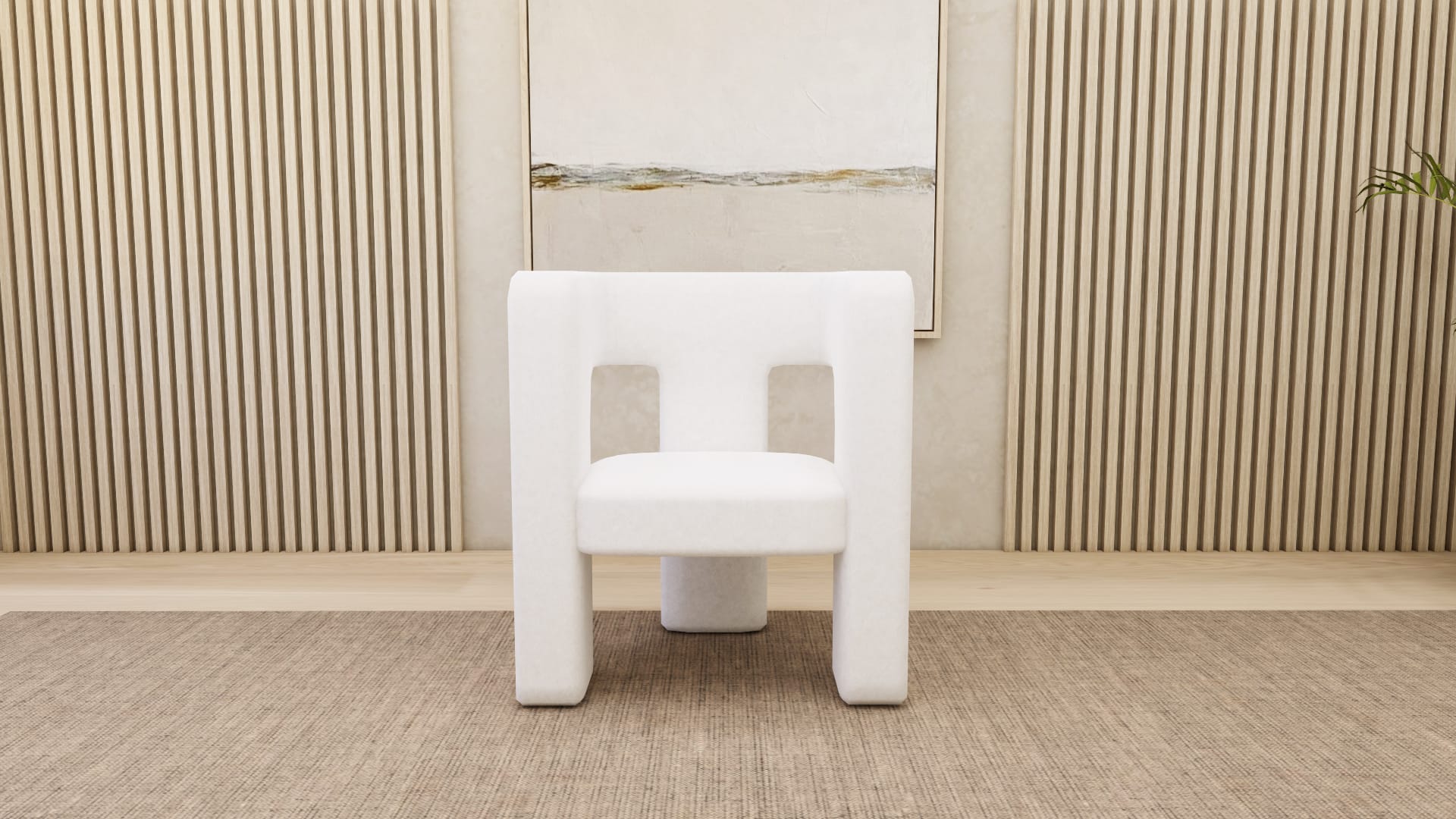 Flora accent chair 3D model, close view of side cutout and padded seat