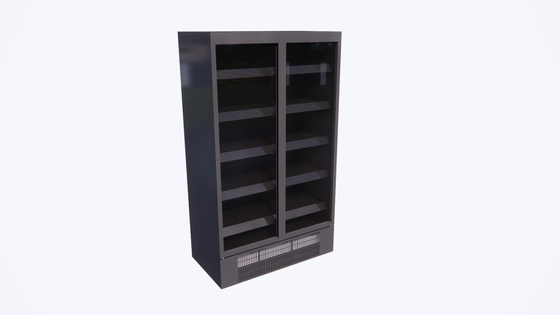 Front view of a black two door glass display refrigerator with adjustable shelves and digital temperature disp