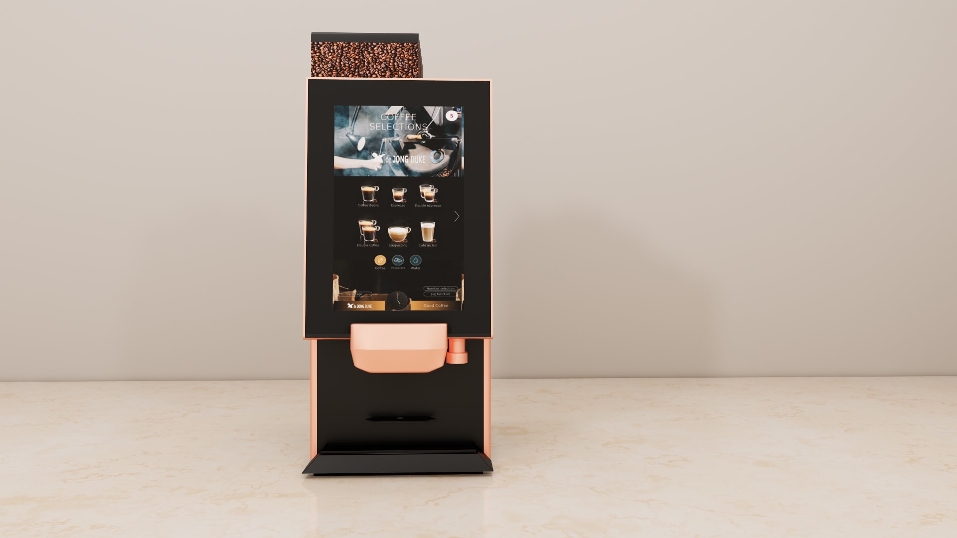 Lua bean to cup machine 3D model, side view of the matte black body, top hoppers and stepped grate cup trays