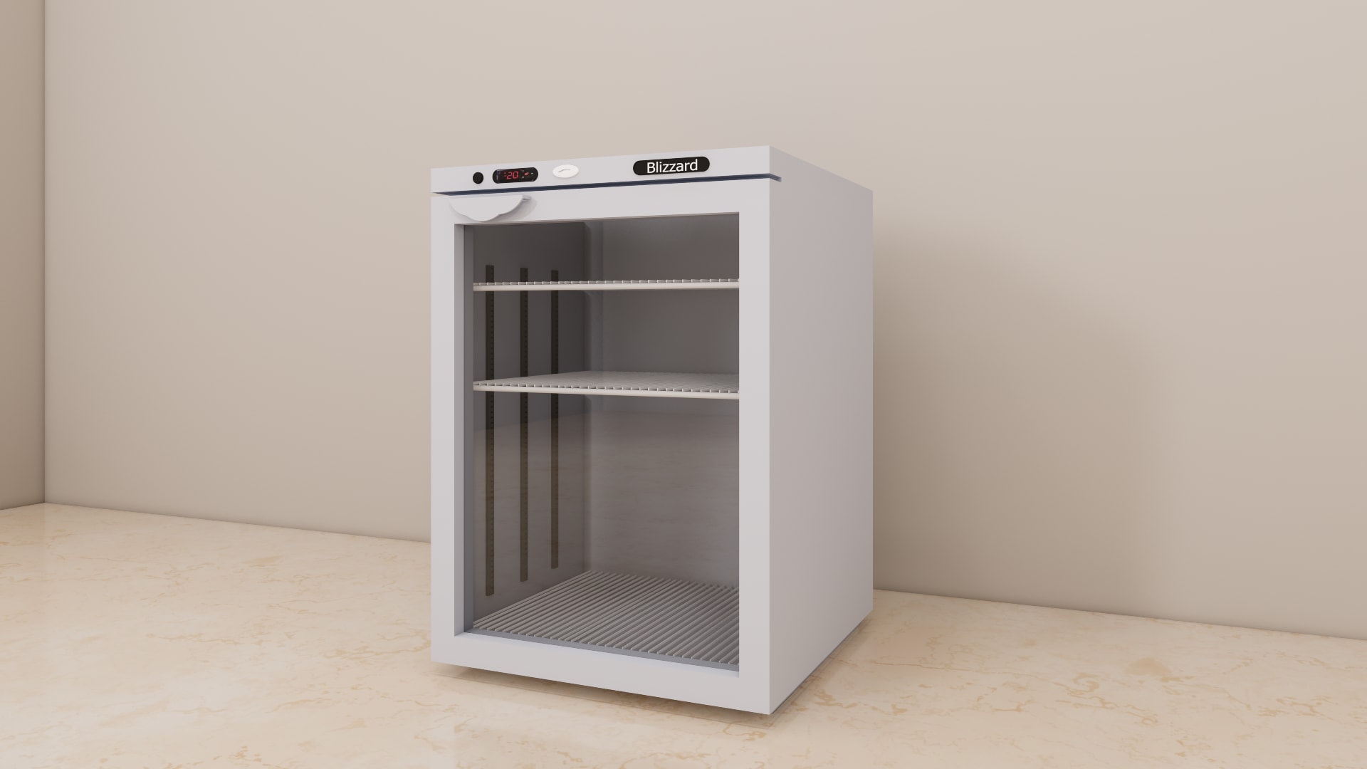 Three quarter view of a white under counter display freezer with glass door, wire shelves and Blizzard control