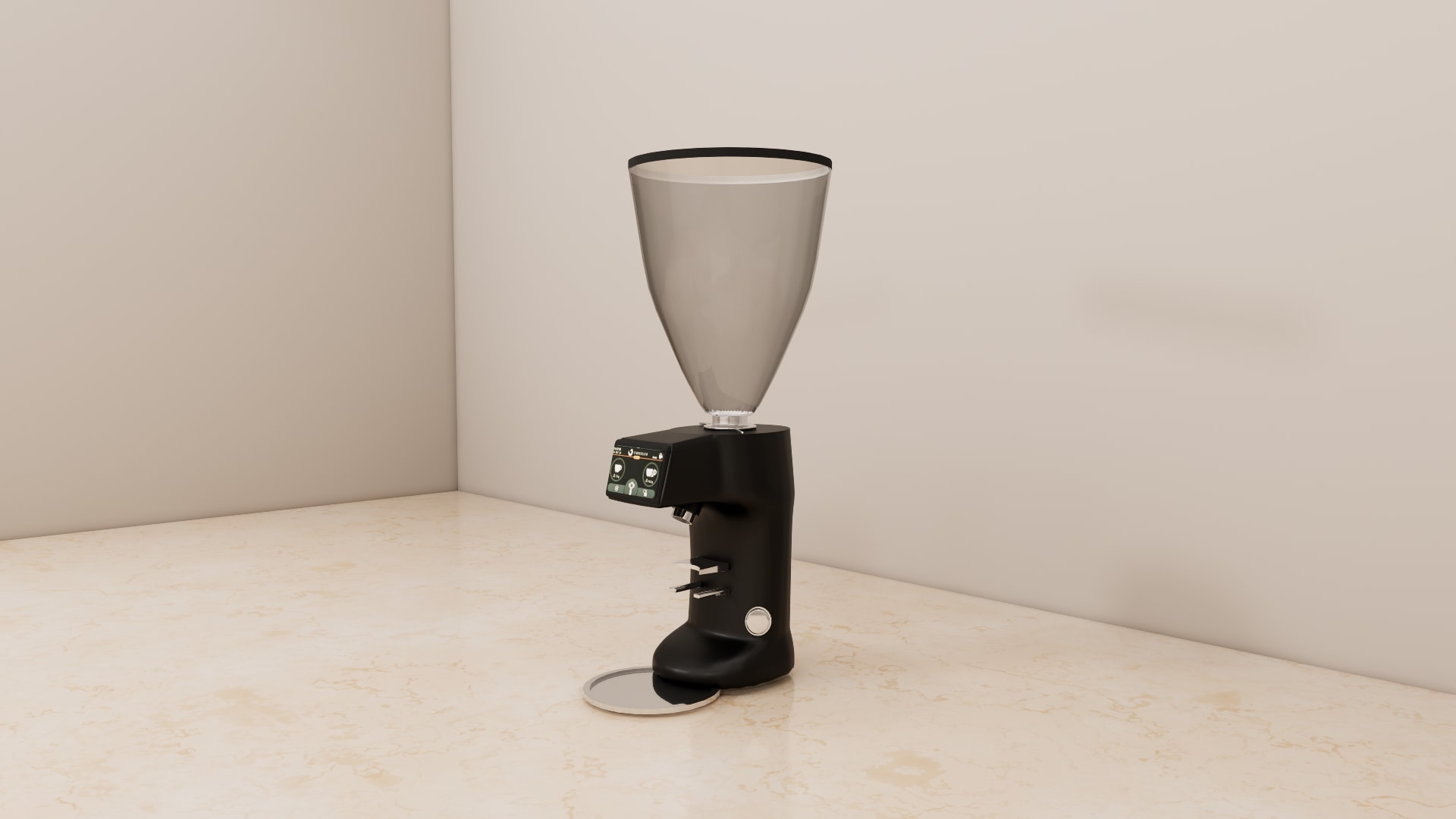 Three quarter view of a matte black espresso grinder with clear bean hopper, touchscreen head and chrome base