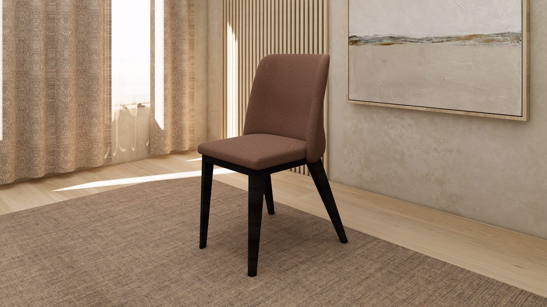 Dompa upholstered dining chair SketchUp model, three quarter view of tapered black legs