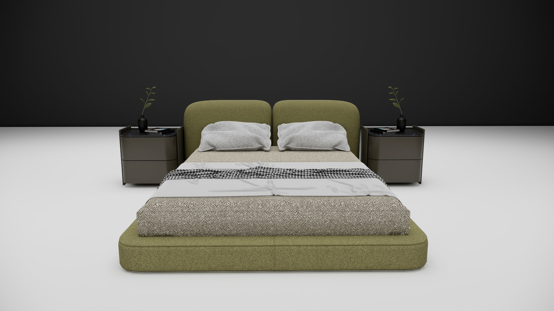 Sage rounded split headboard in olive fabric with gray textured pillows