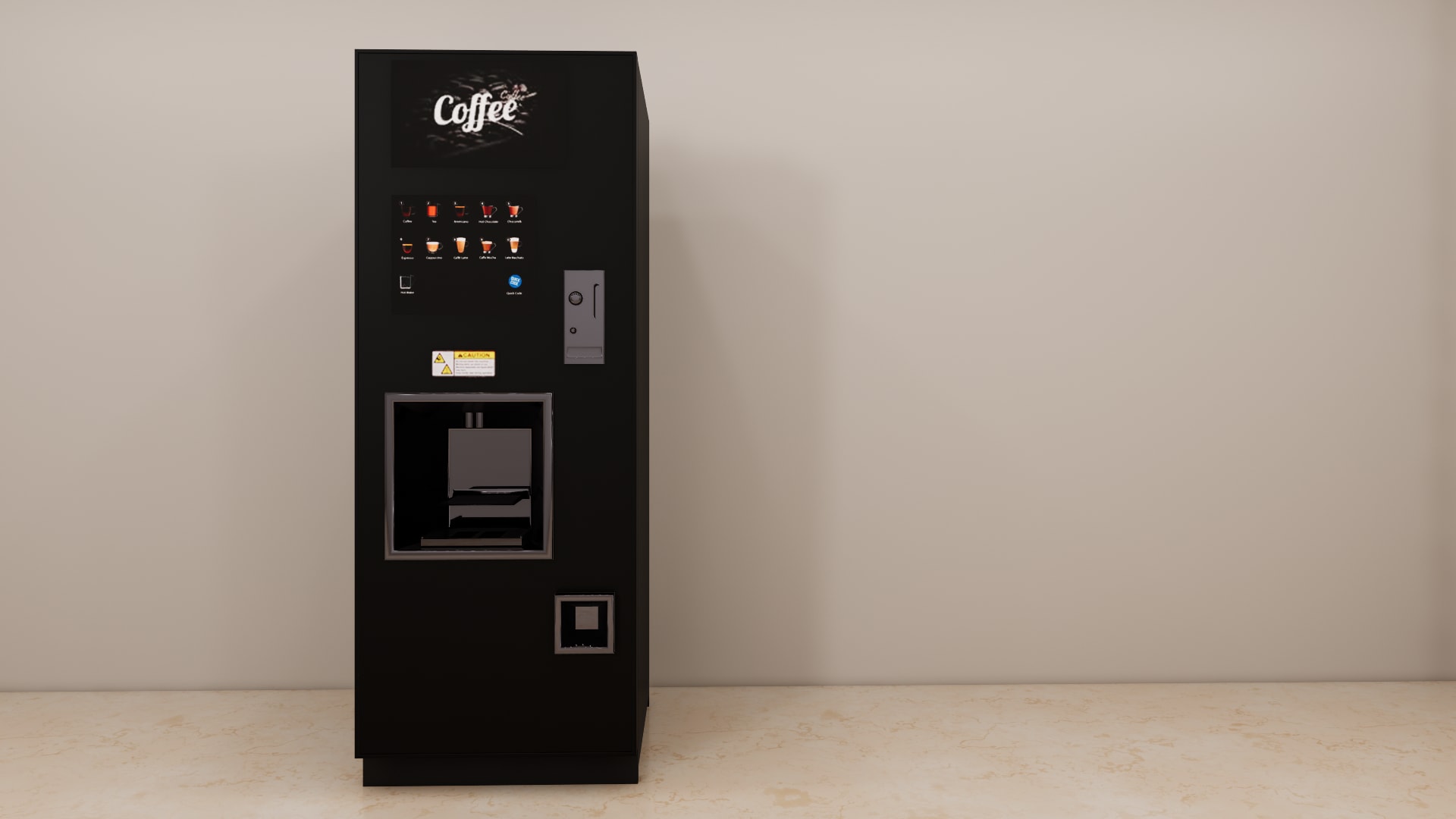 Neo vending coffee machine 3D model, side view of the tall black cabinet and dark plinth base