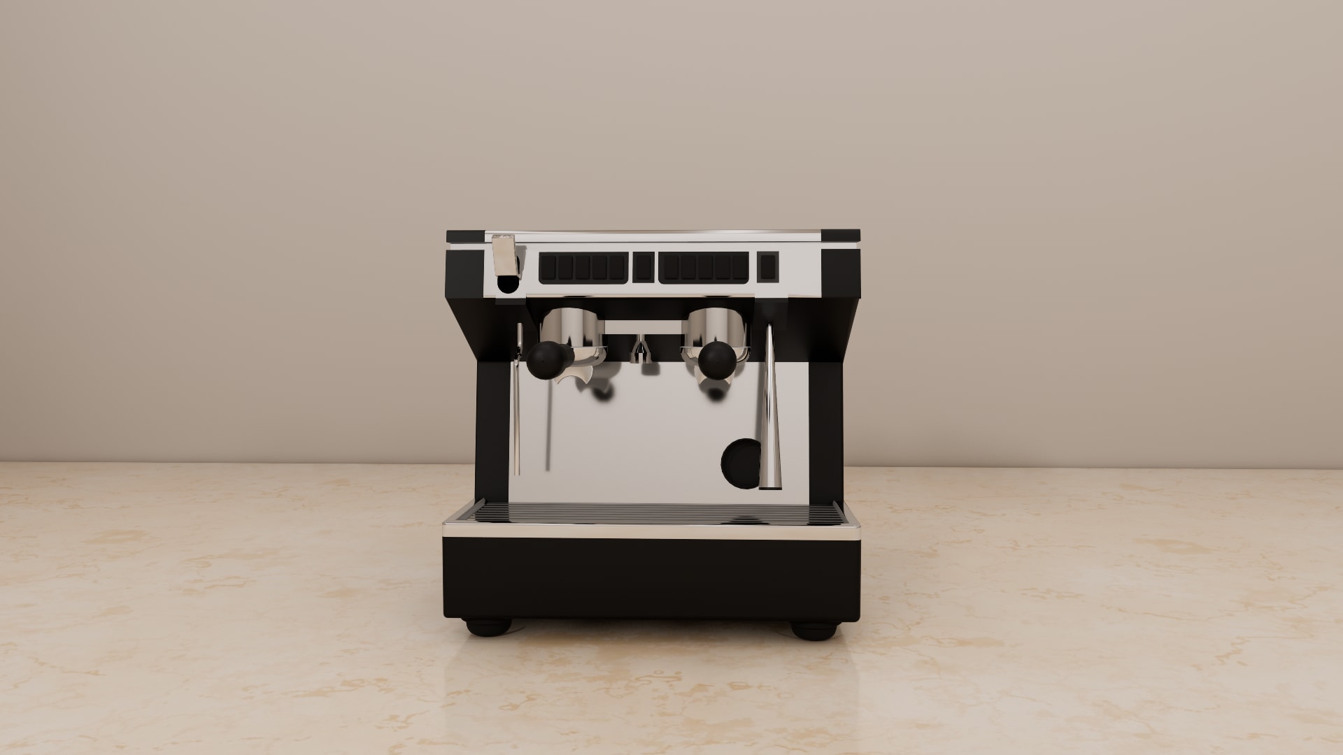 Appia Life compact 2 group 3D model, view of pressure gauge, steam wands, and stainless drip tray with grate