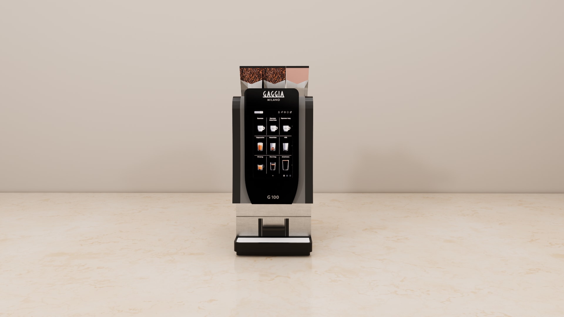 G 100 commercial coffee machine 3D model, clear ingredient hoppers on top of the compact black body