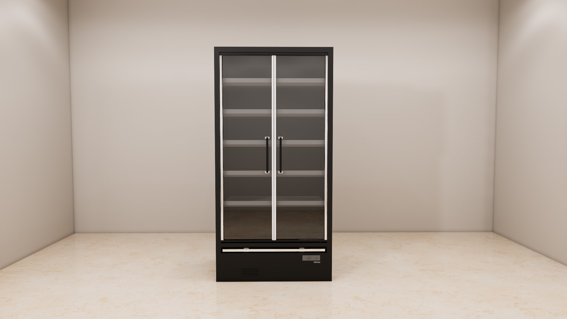 Black multideck fridge 3D model, control display, silver trim strip and vent grille on the base