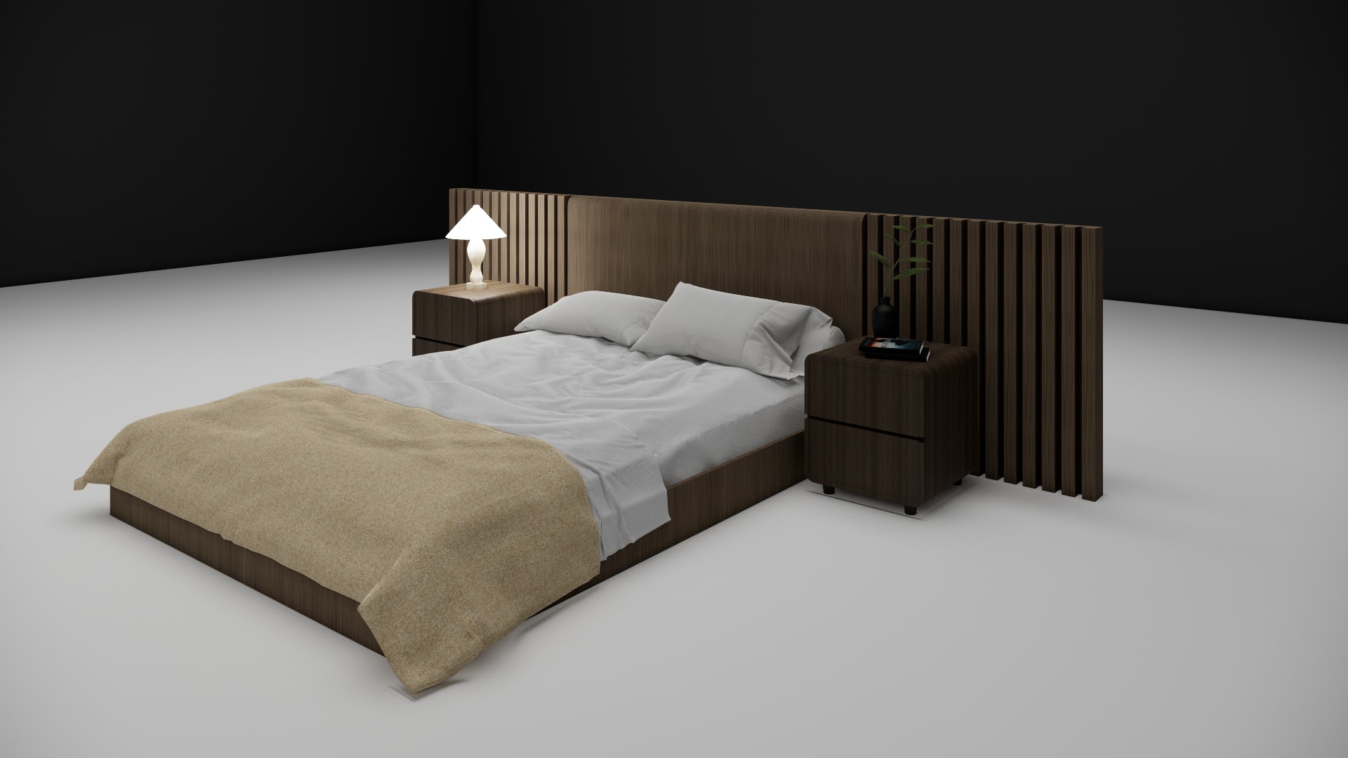 Kade wood platform bed with folded tan wool blanket and walnut nightstand