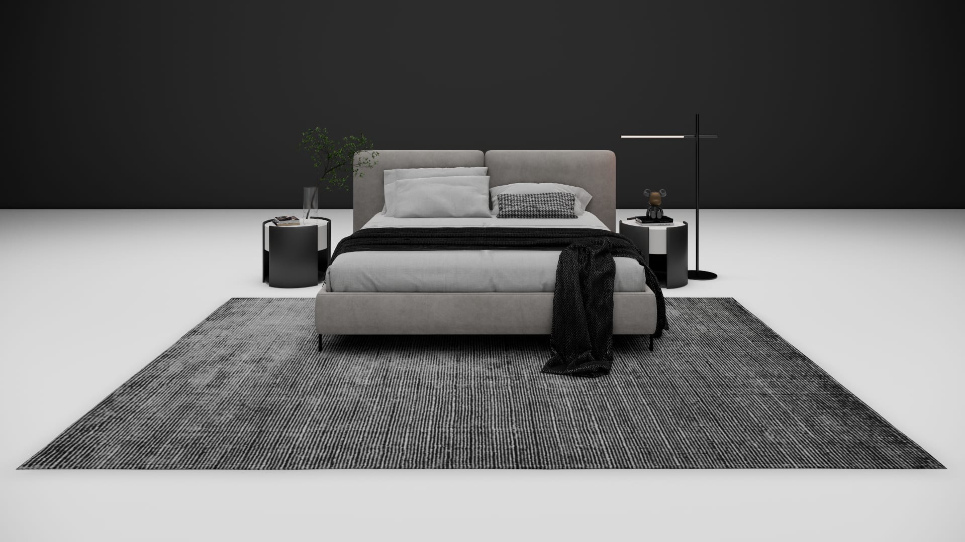 Dalton bed 3D model front view showing split headboard panels and throw blanket