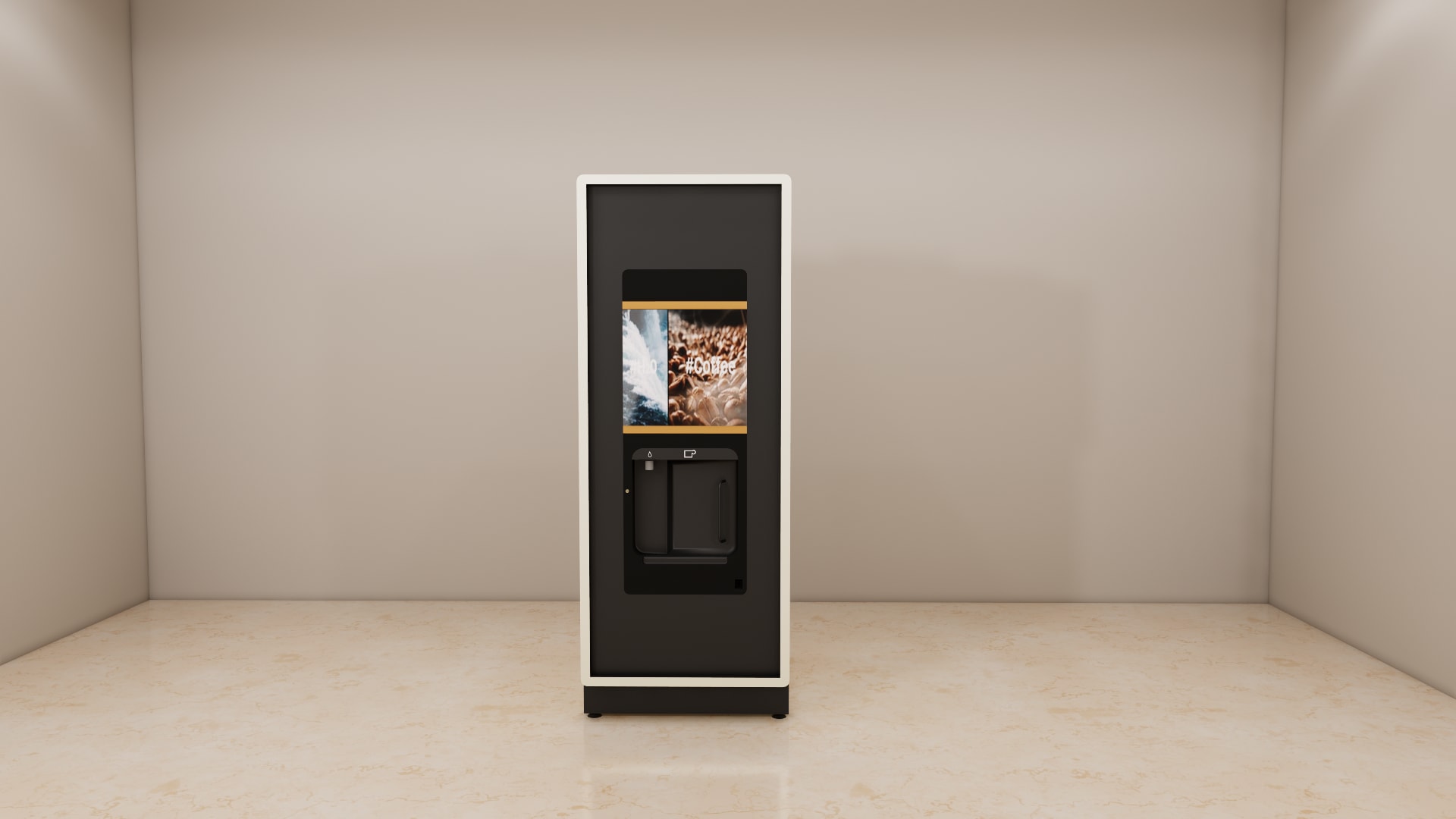 Coffetek Neo Q floor standing vending machine 3D model, front view of the white cabinet and dark plinth base