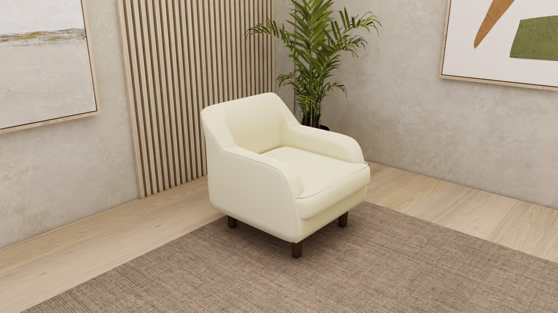 ROCKSJÖN IKEA arm chair 3D model, close view of tapered dark wood legs and low back