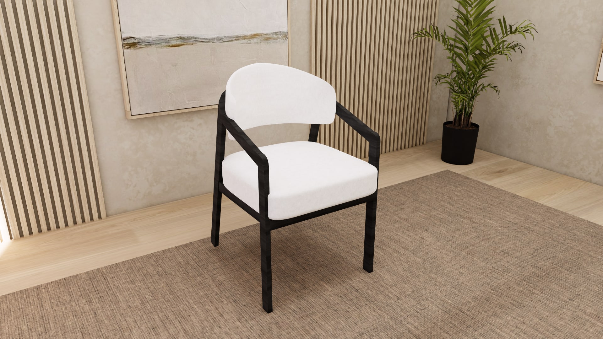 Ember wood dining armchair SketchUp model, three quarter view of slim black arms and legs