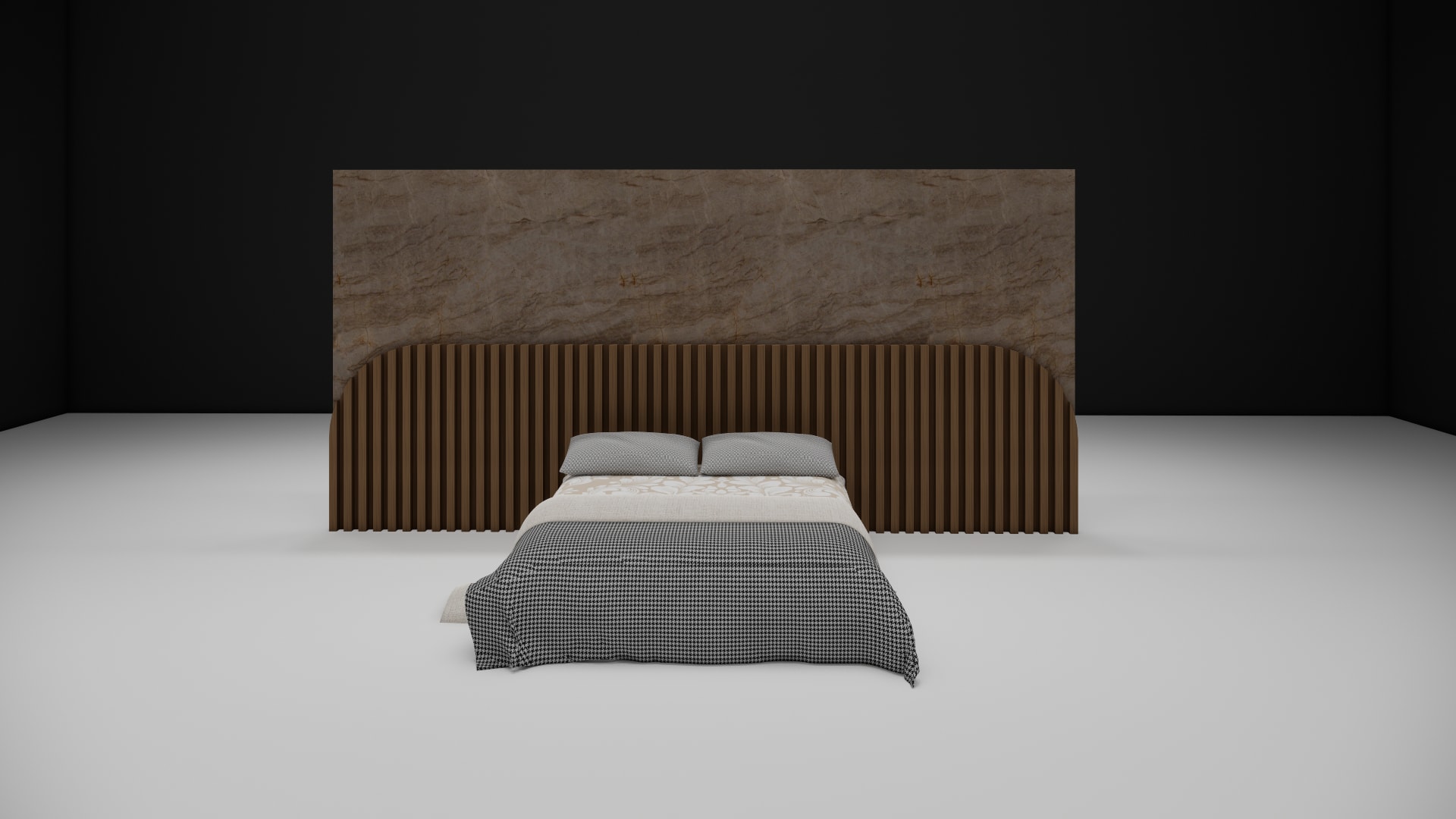 Wooden panel bed 3D model with channel tufted headboard against vertical wood backpanel, front view