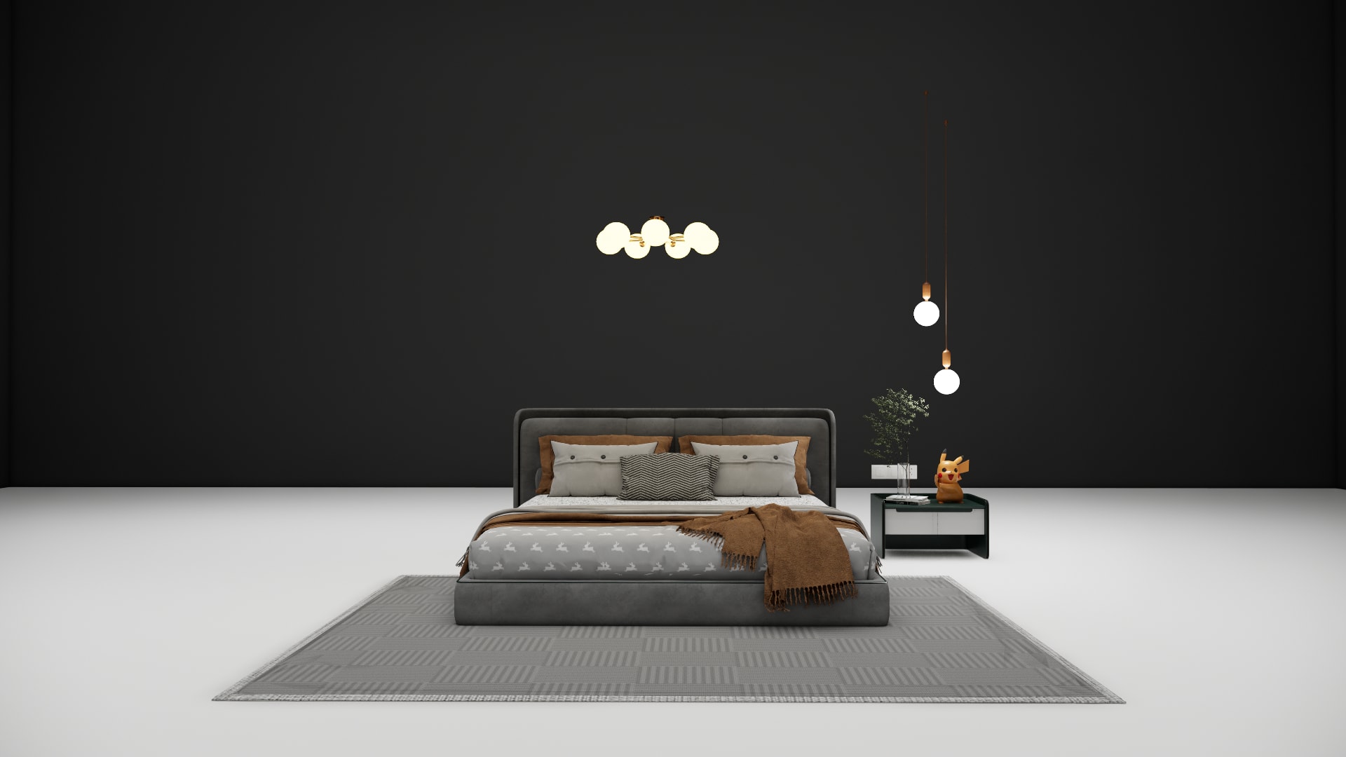 Harlow charcoal velvet bed with rust fringed blanket and patterned area rug