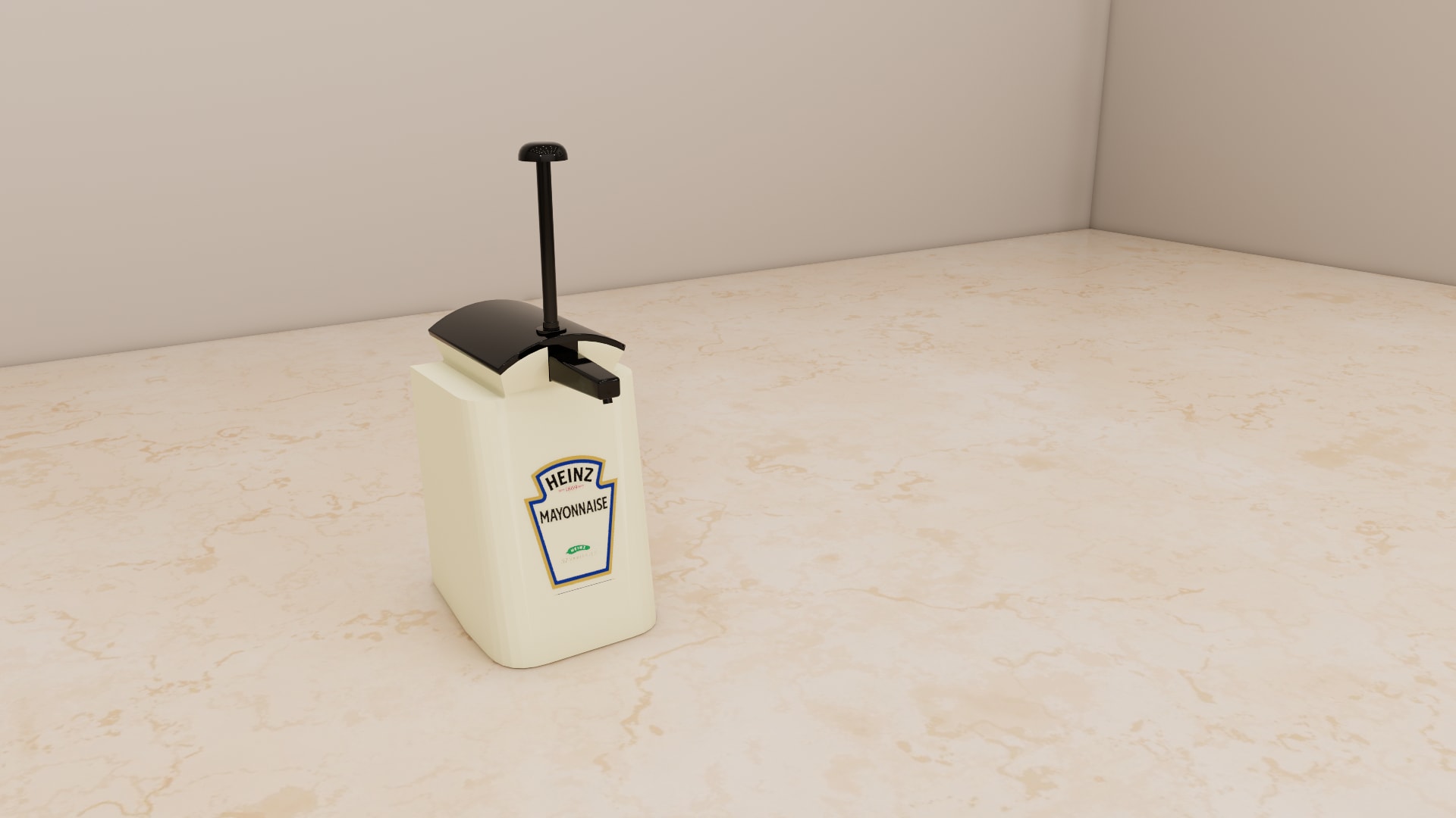 Mayo dispenser 3D model, keystone mayonnaise label on the tapered front with grey lid and round plunger cap