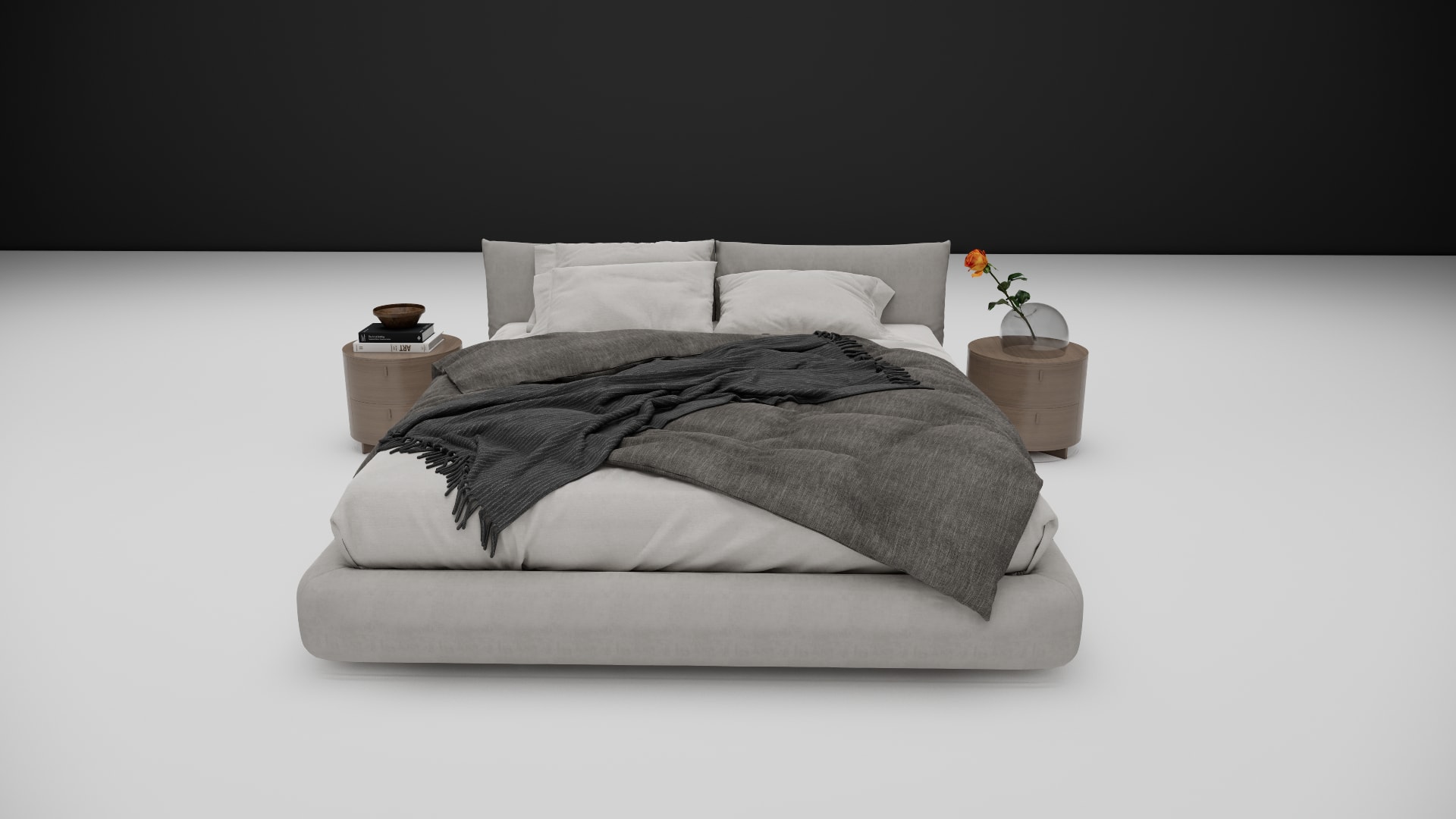 Aveline light gray rounded headboard with white pillows and charcoal fringed throw
