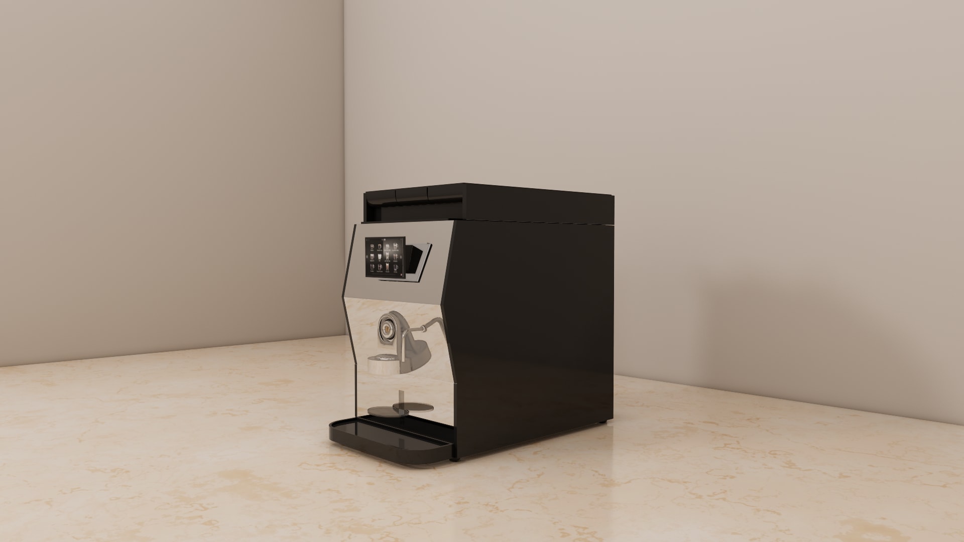 Side view of a black automatic coffee machine with chrome front panel, touch screen, steam wand and black drip