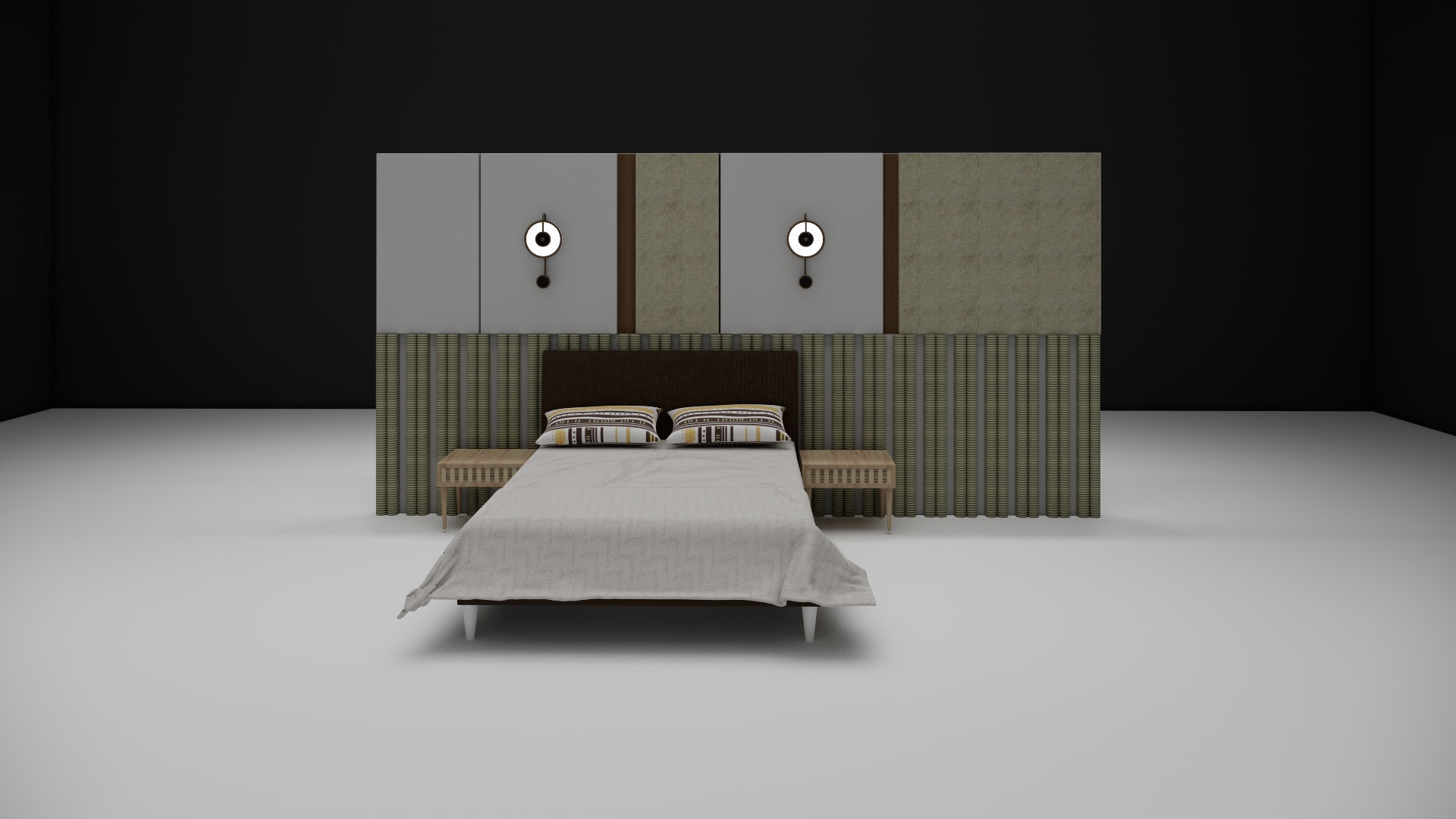 Larkspur bed striped pillows against dark upholstered headboard