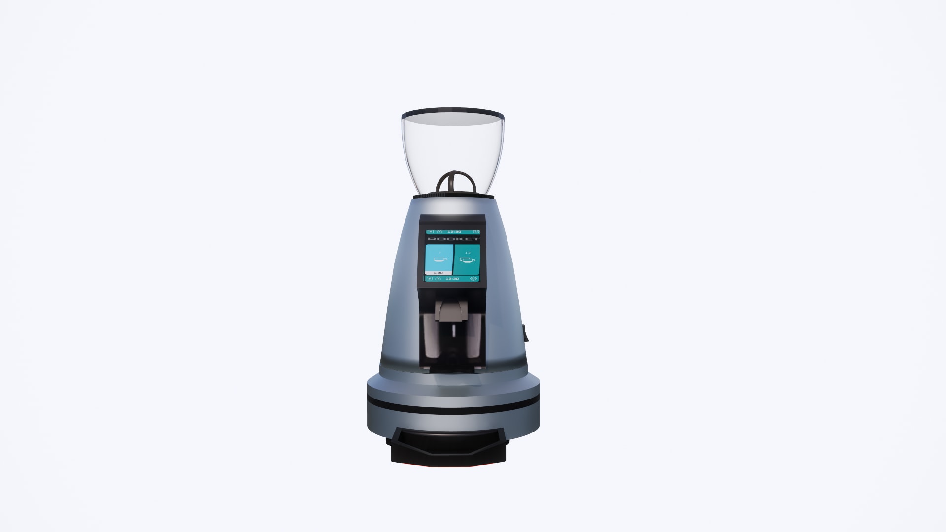 Teal touchscreen with dose tiles and ROCKET logo on the Spluga espresso grinder SketchUp model