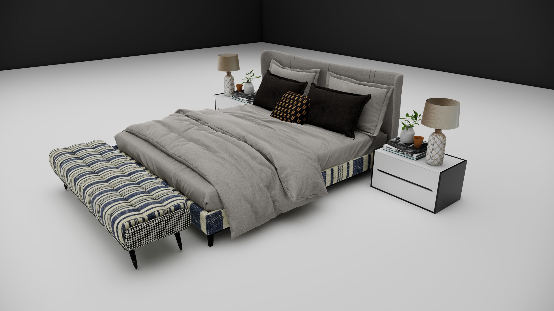 Ashford bed nightstands with ceramic lamps, plants, and stacked books