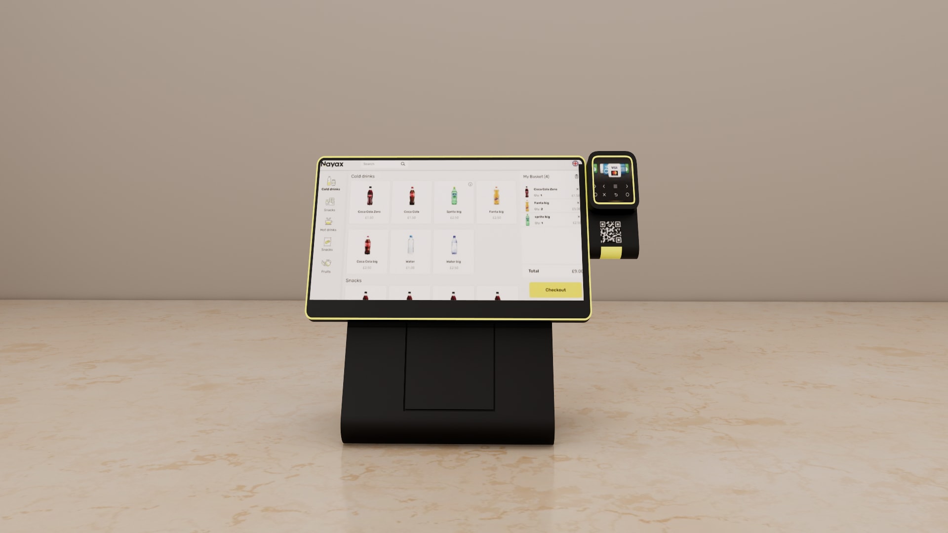 Nova Market self service kiosk 3D model, side view of the curved dark grey stand with power button and USB ports