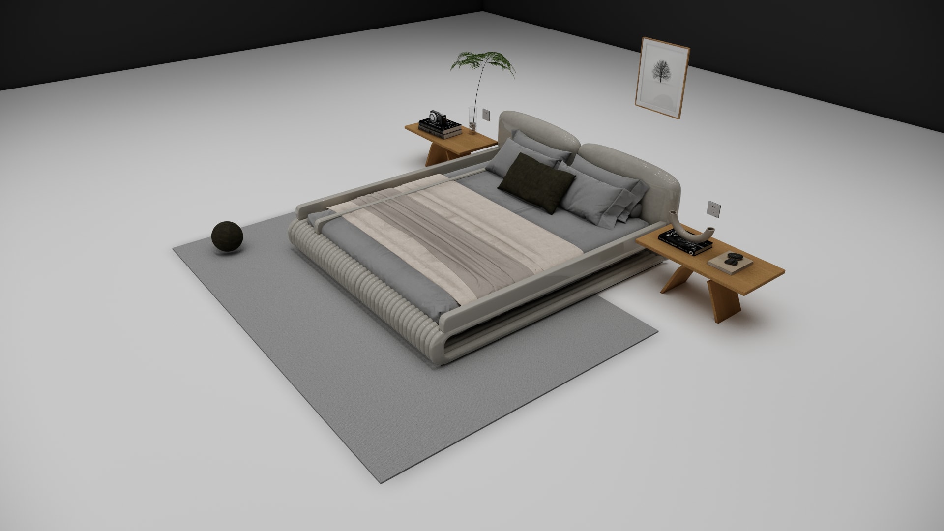 Milo ribbed bed frame with round split cushion headboard, front angle