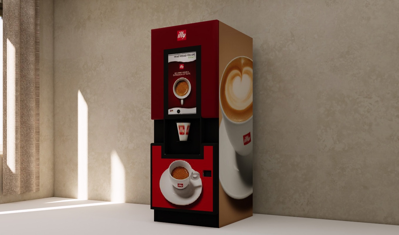 illy coffee machine 3D model, side panel with large cappuccino latte art graphic and black base