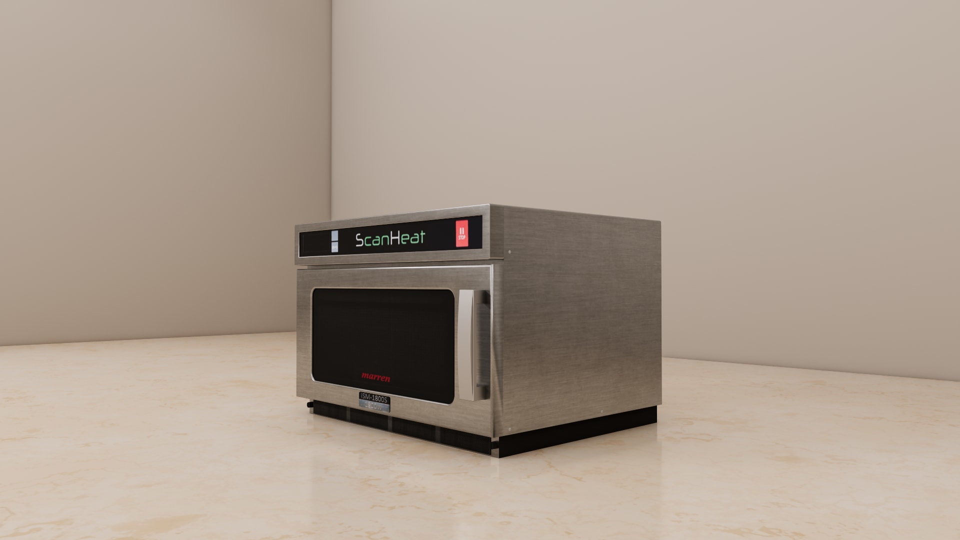 Commercial microwave SketchUp model, close view of the top control strip with display, logo, and red stop button