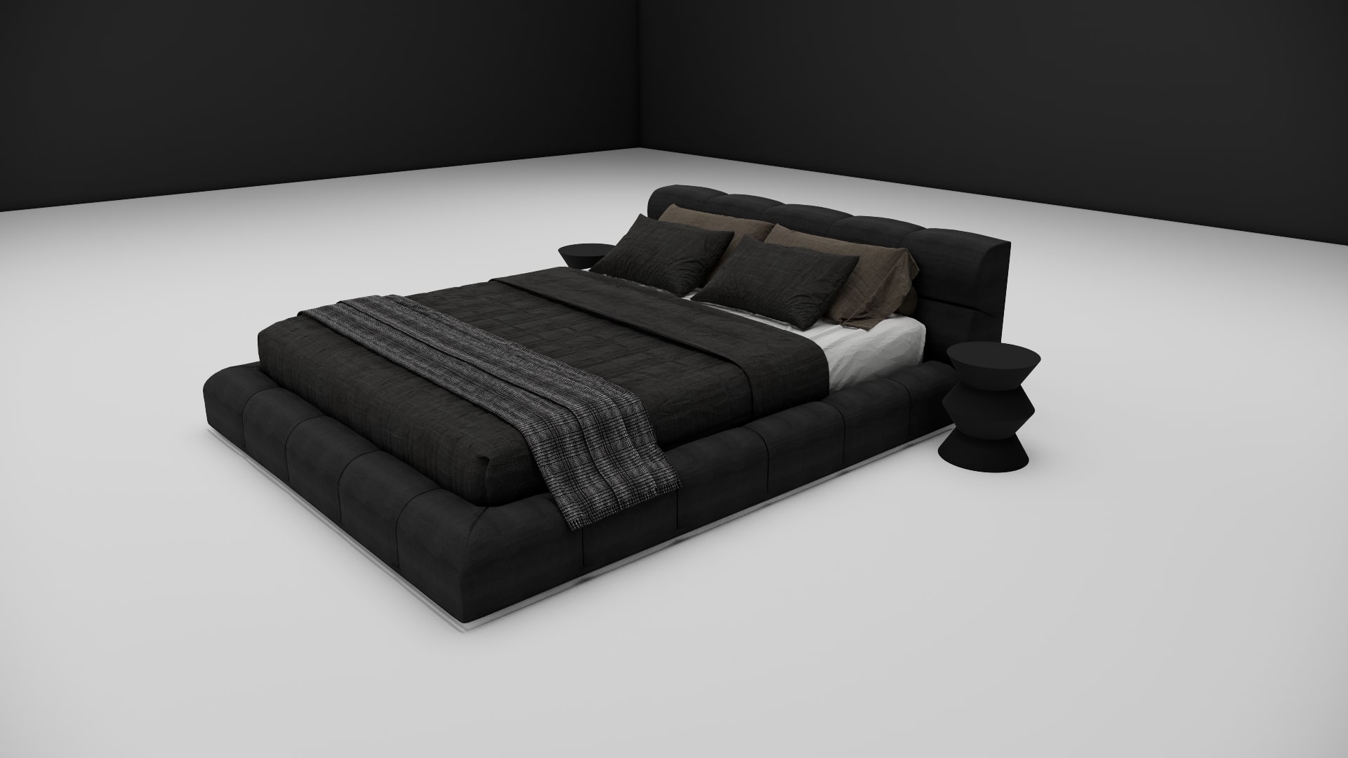 Nimbus tufted bed frame with brown throw and pedestal side tables