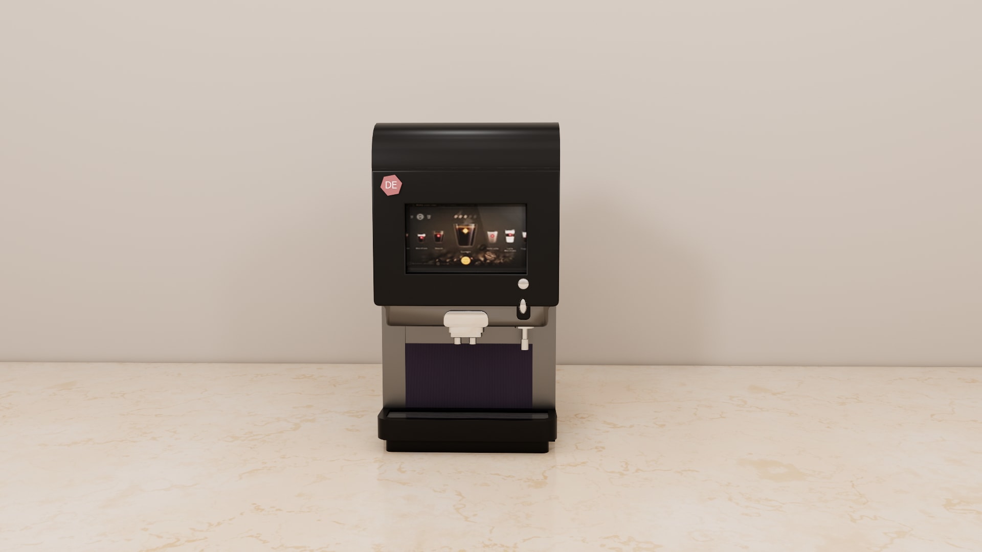 Close up of the touchscreen, round badge and dispensing outlet on a matte black coffee machine