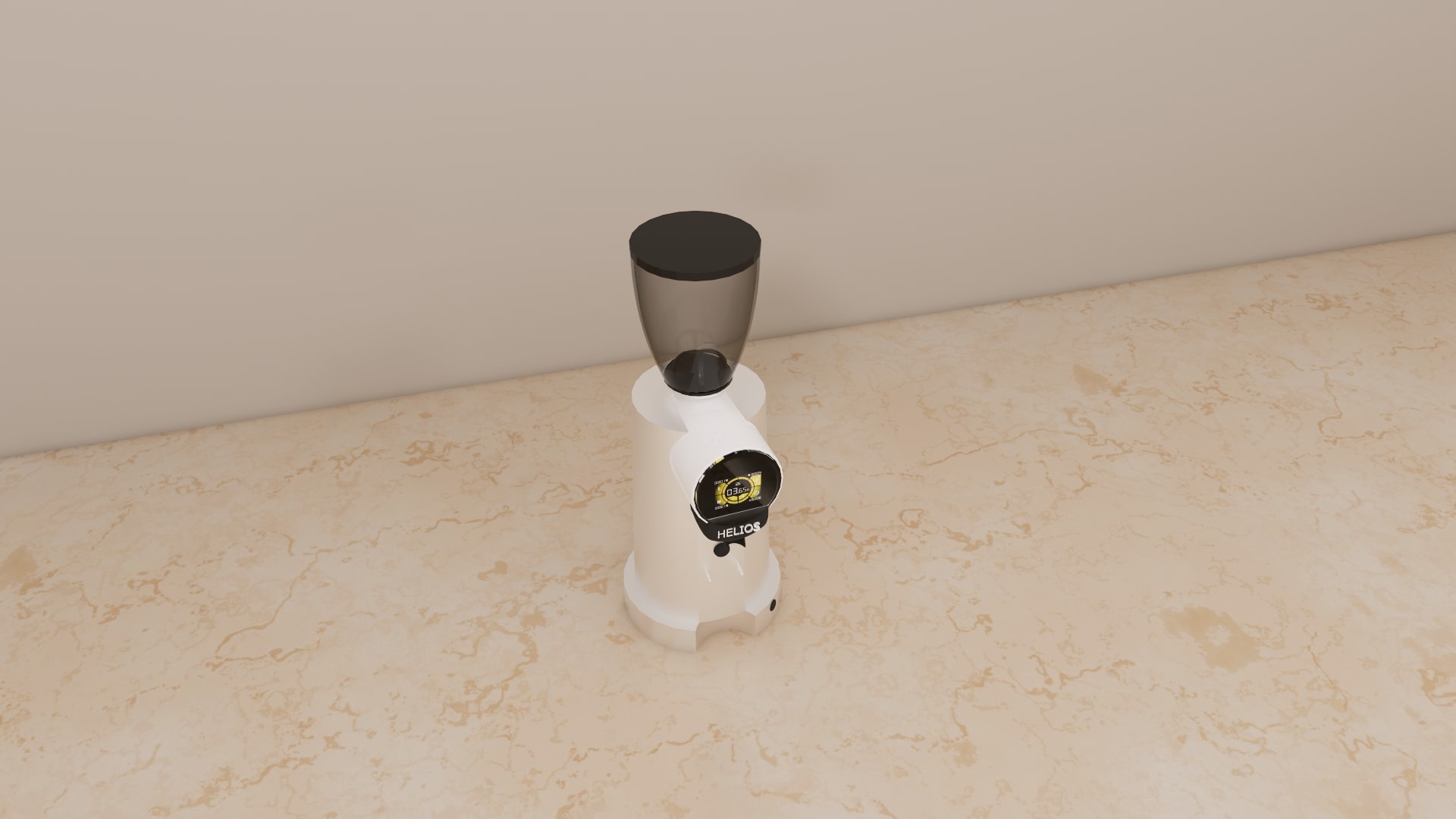 Close up of the touchscreen head, portafilter fork and power button on a white on demand coffee grinder