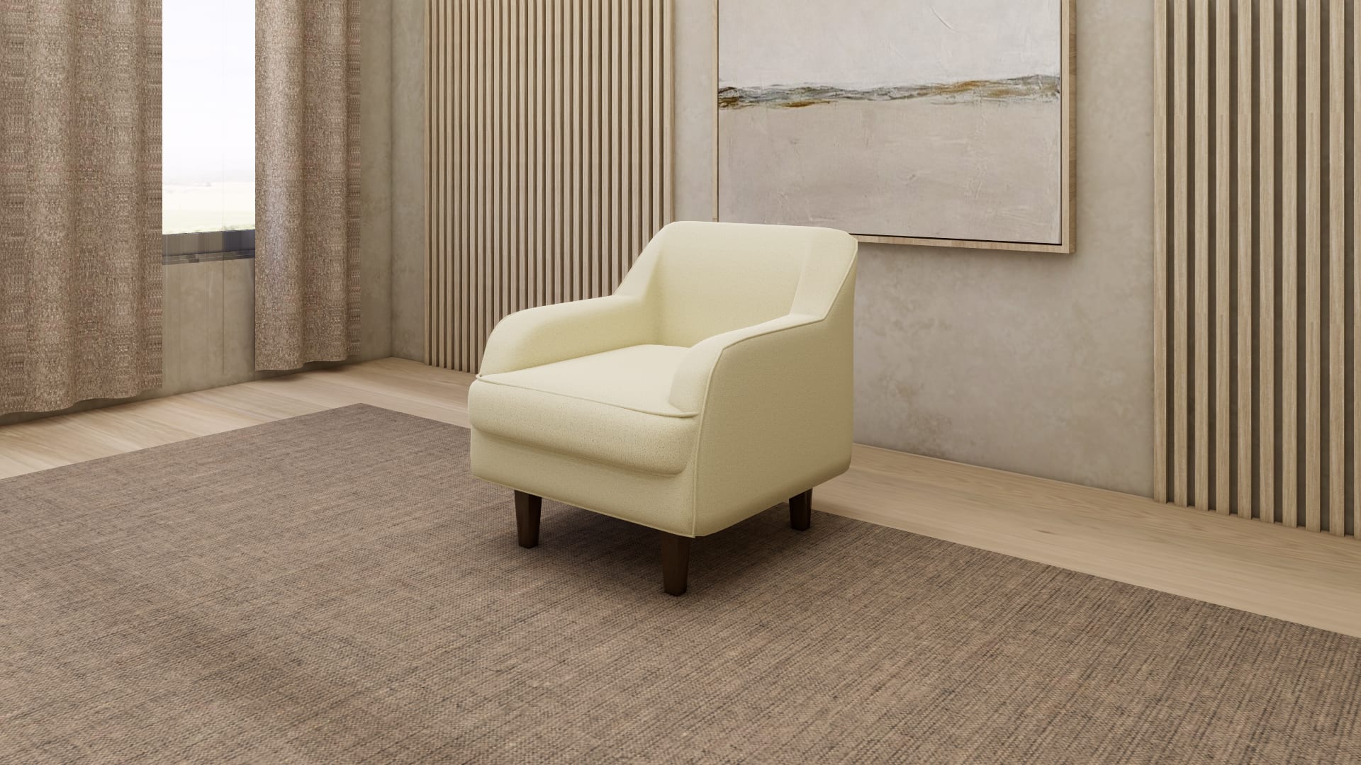 ROCKSJÖN armchair SketchUp model, front view of piped seat cushion and curved arms