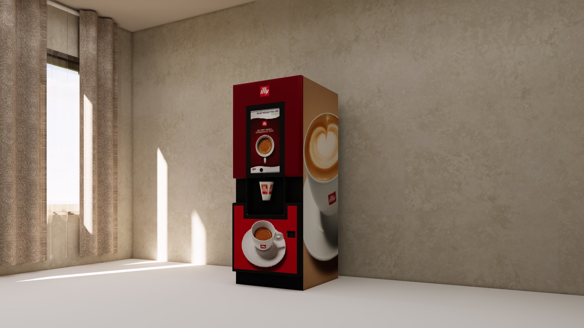 illy vending machine SketchUp model, close view of the touchscreen, cup station and red lower panel