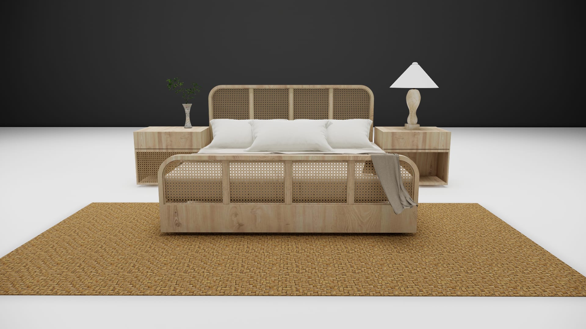 Sana rattan bed frame in light oak with woven cane headboard, three quarter angle