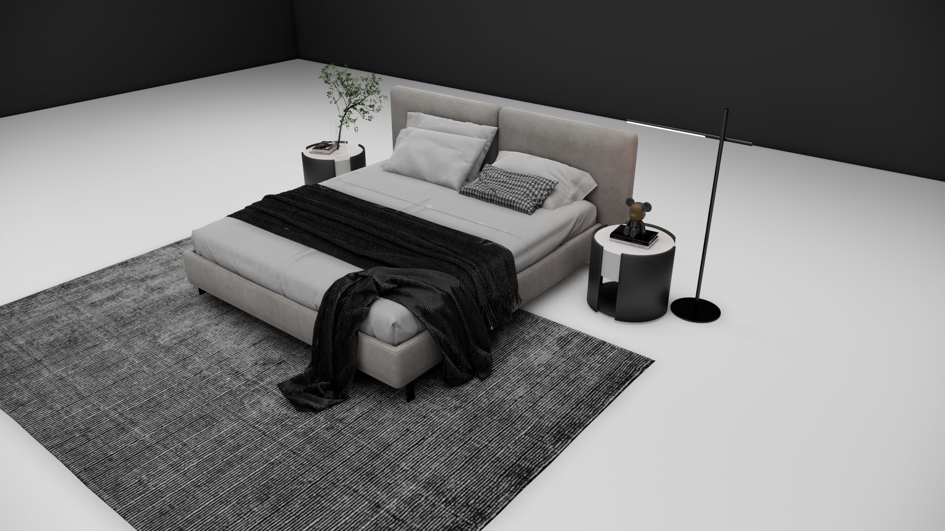 Dalton light gray two panel headboard with center seam and houndstooth pillows