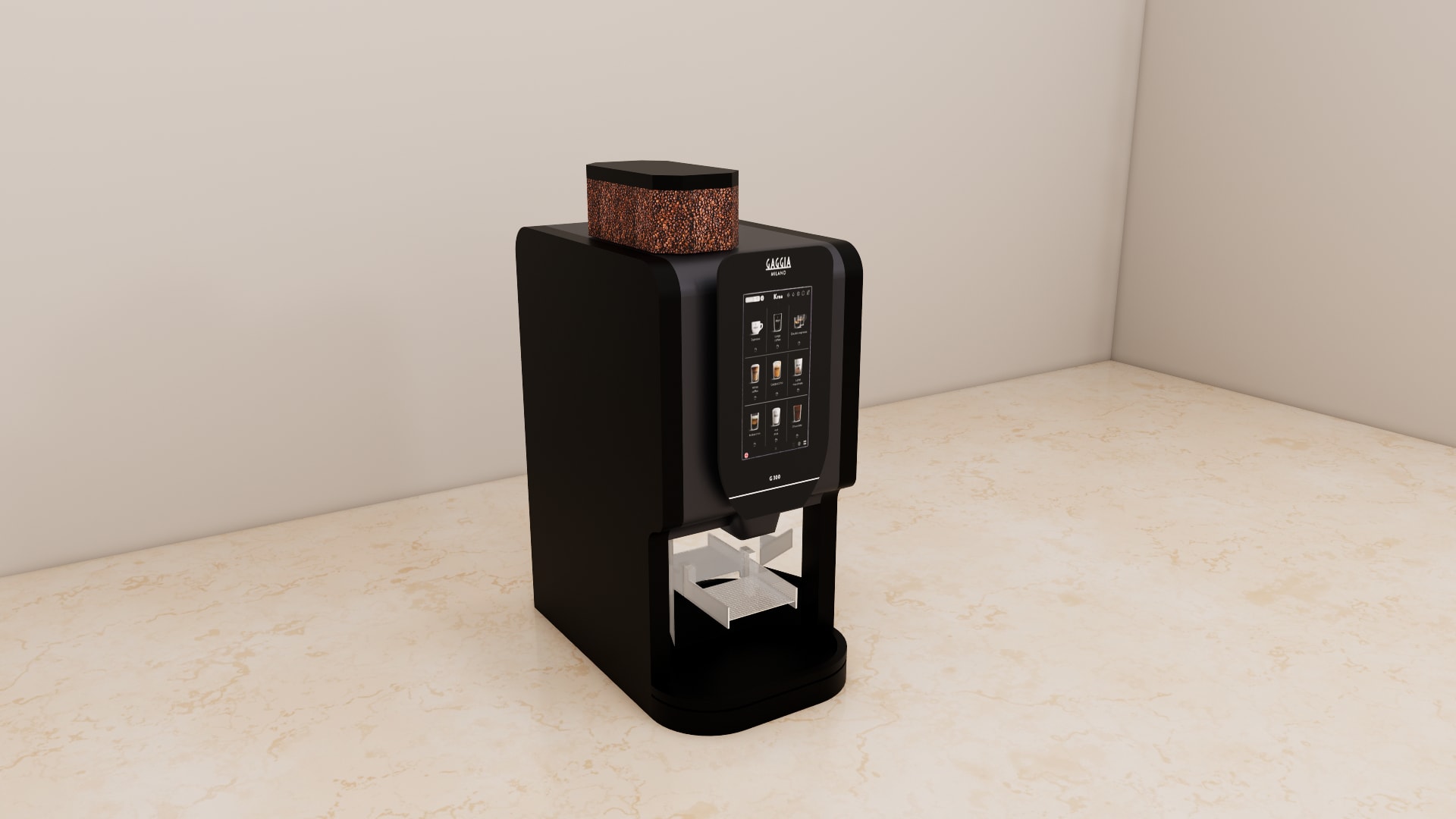 G 300 Krea digital coffee machine 3D model, mirrored side walls and dark drip tray in the dispensing area
