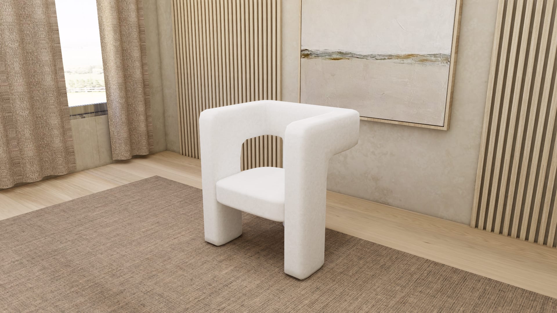 Flora boucle accent chair SketchUp model, three quarter view of square arms and block legs