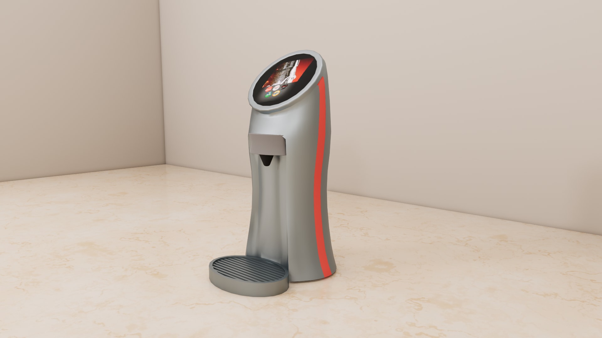Beverage dispenser machine SketchUp model, close view of the chrome nozzle bezel and stainless drip tray grate
