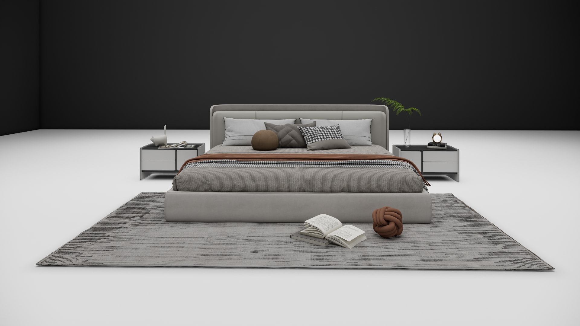 Sable curved headboard bed frame on a low platform base, three quarter angle