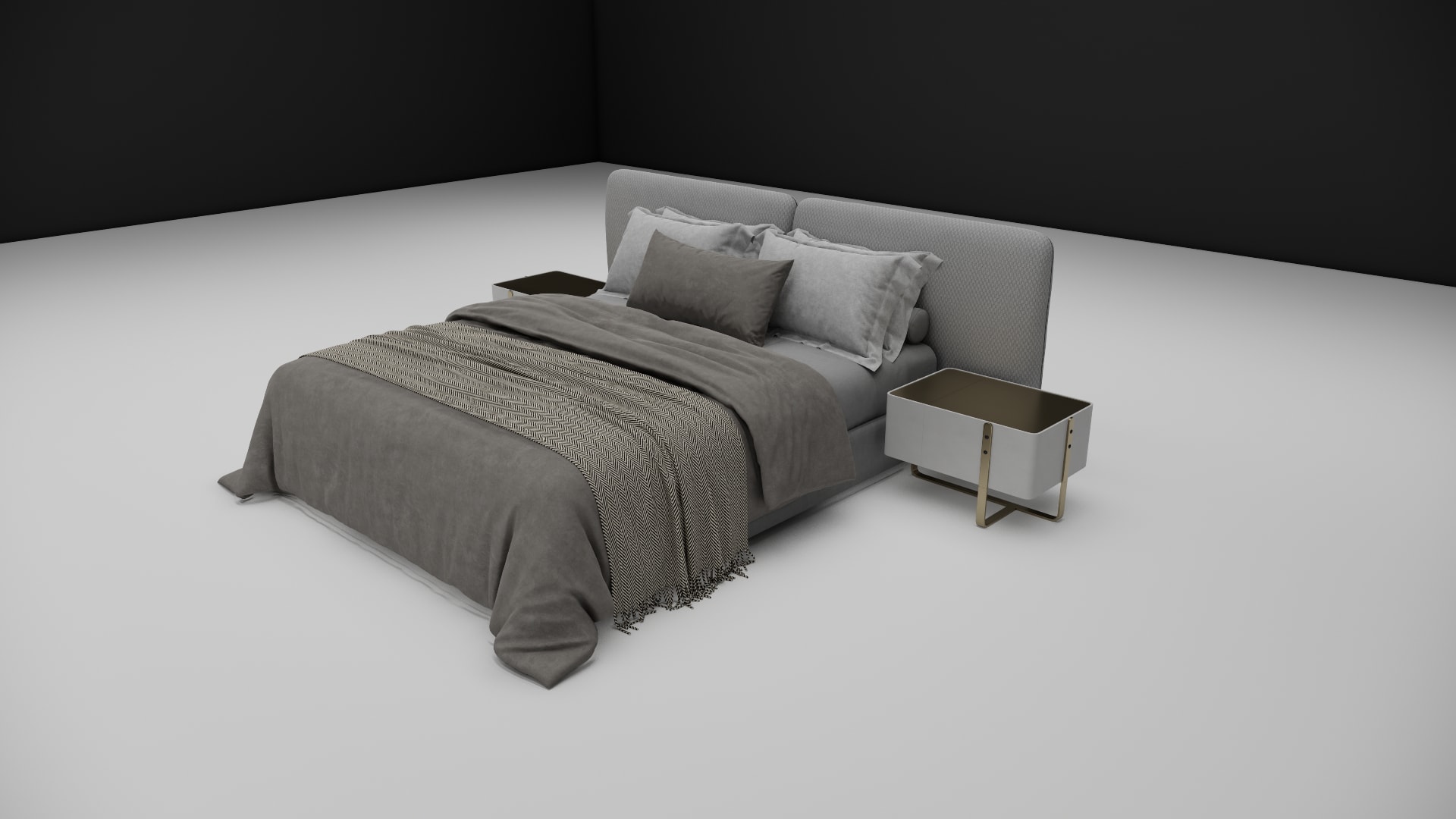 Rowan panel bed with gray and taupe pillows and herringbone throw on a low platform