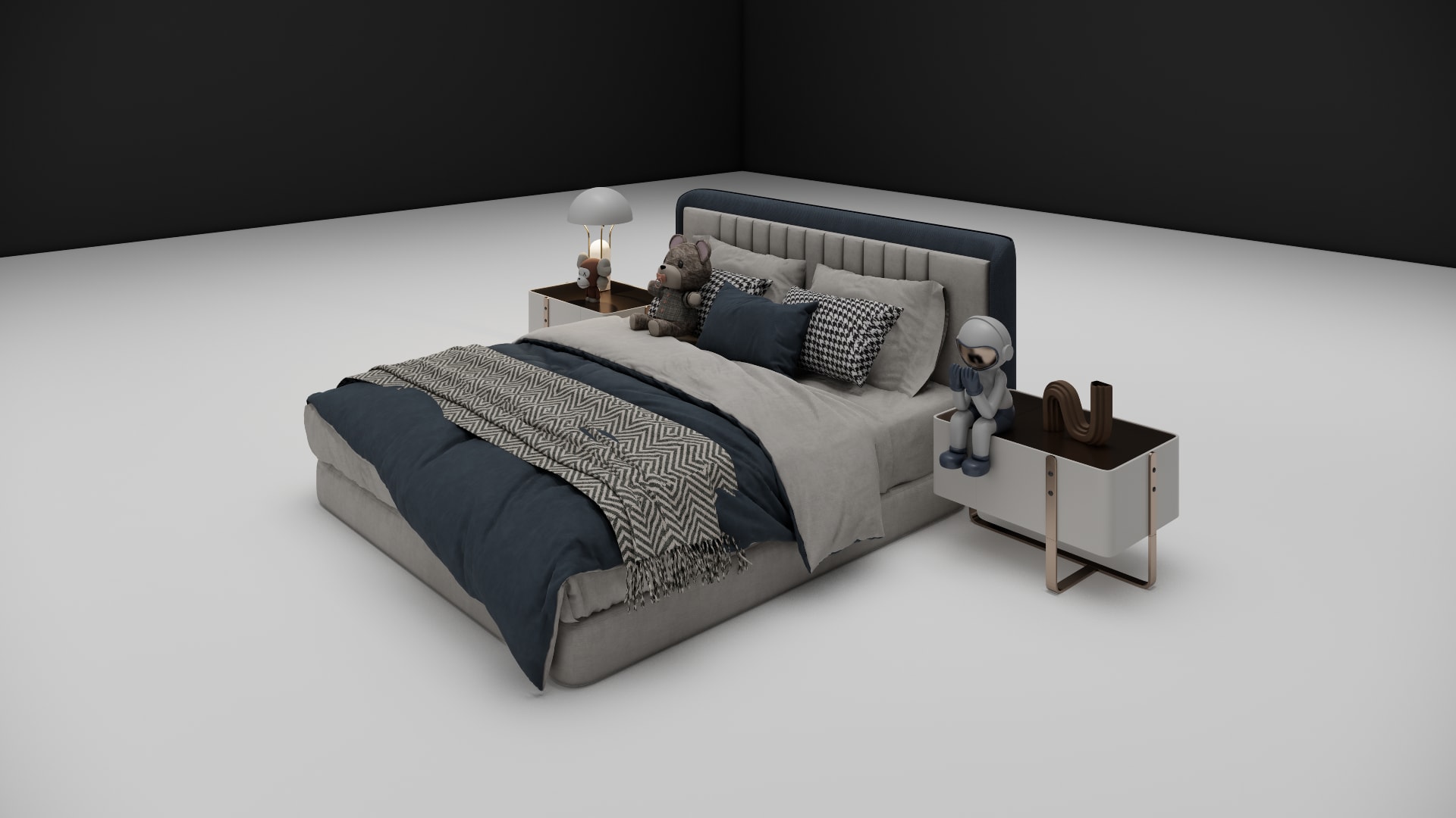 Everton navy channel tufted headboard with houndstooth and navy pillows