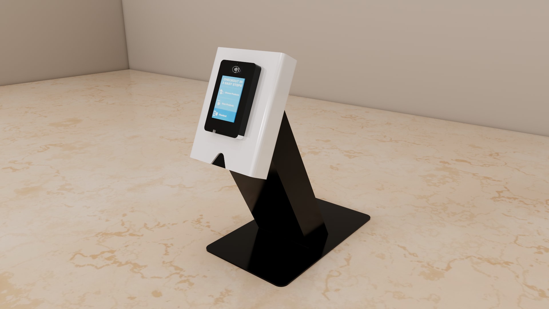 Self checkout kiosk SketchUp model, close view of the touch screen, contactless symbol, and indicator dots