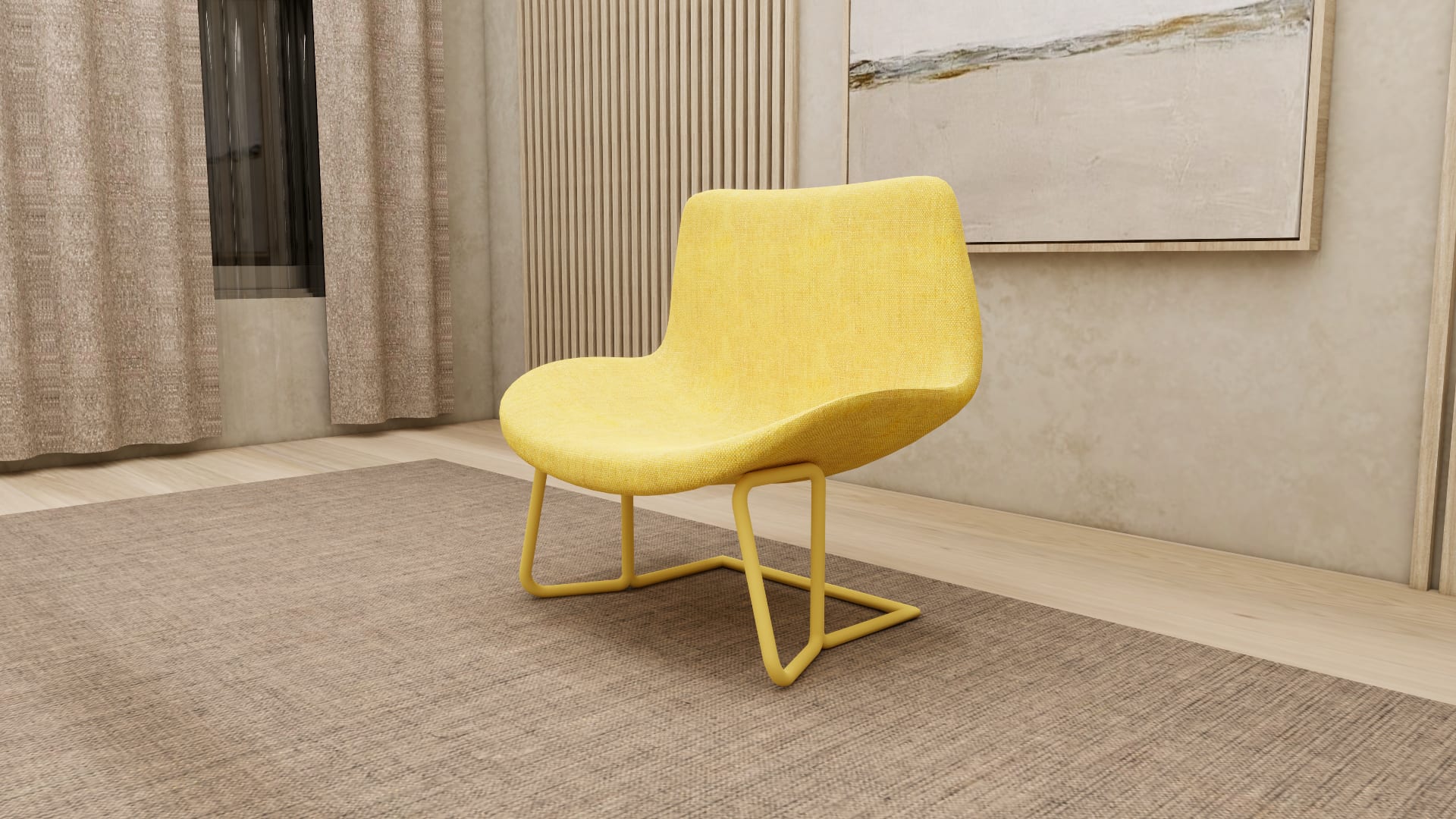SOTENÄS yellow chair SketchUp model, room view of low wide shell seat and bent tube base