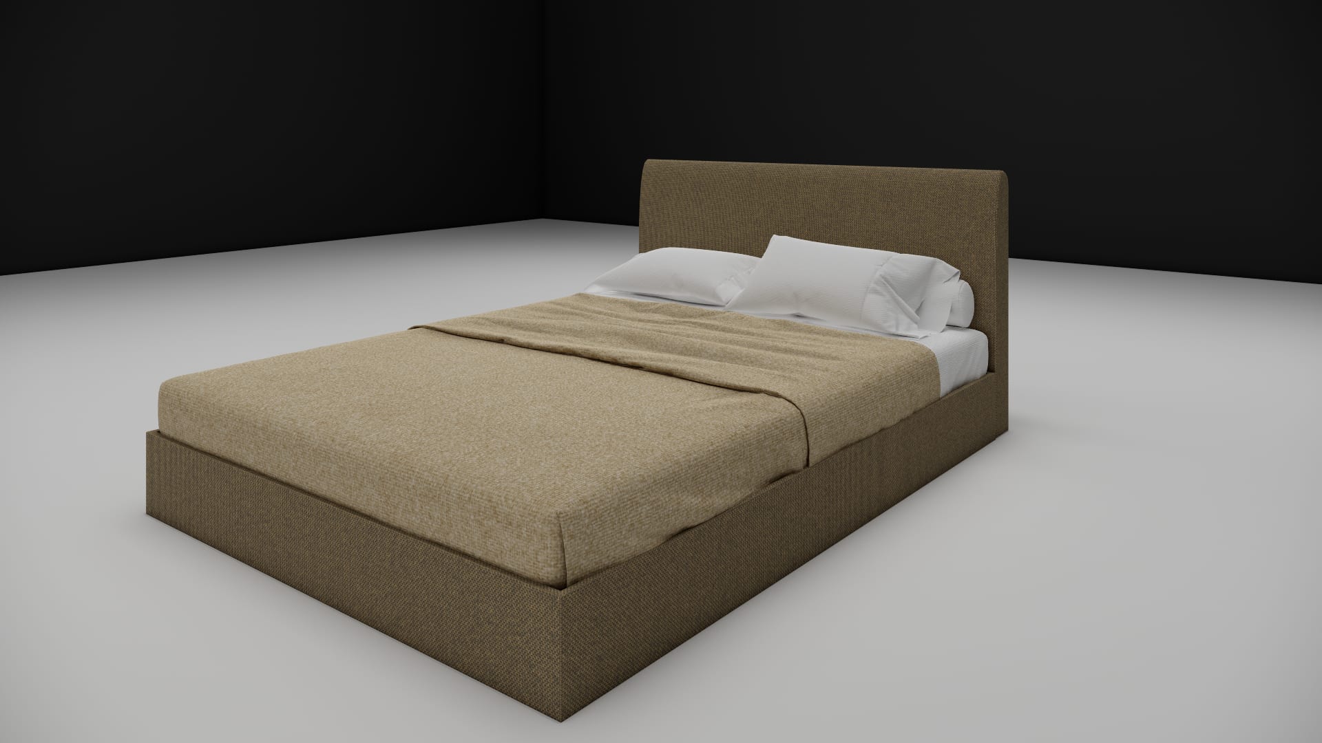 Colton platform bed frame with folded tweed coverlet and white pillows