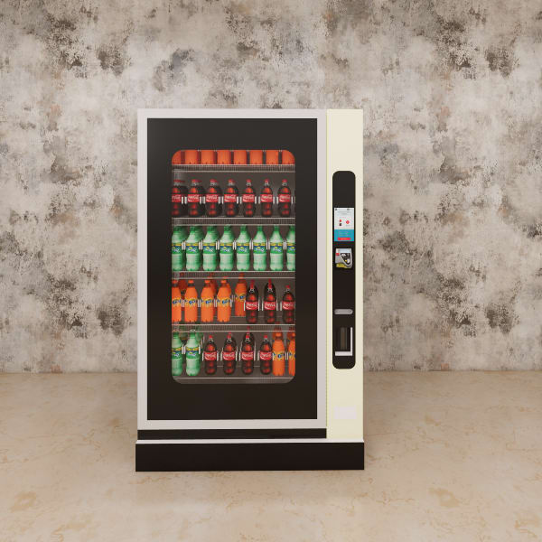 Close up of the black touch panel and payment slots on the cream side column of a drink vending machine