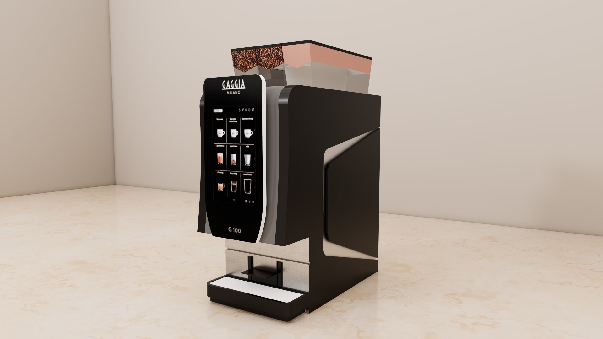 G 100 touch screen coffee machine SketchUp model, front view of hoppers, screen and cup area with drip tray
